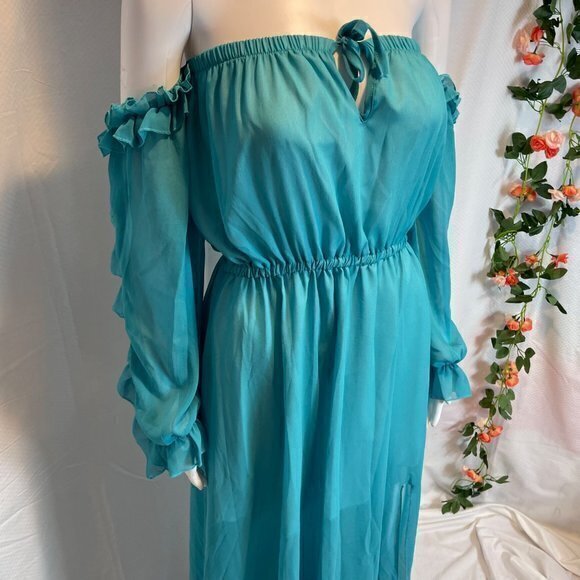 Cupshe Sexy Bohemian Off shoulder Beach Style ruffles split Turquoise Dress Sz L - Picture 6 of 11